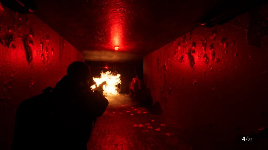 A player fires down a red-lit underground tunnel in Clawed