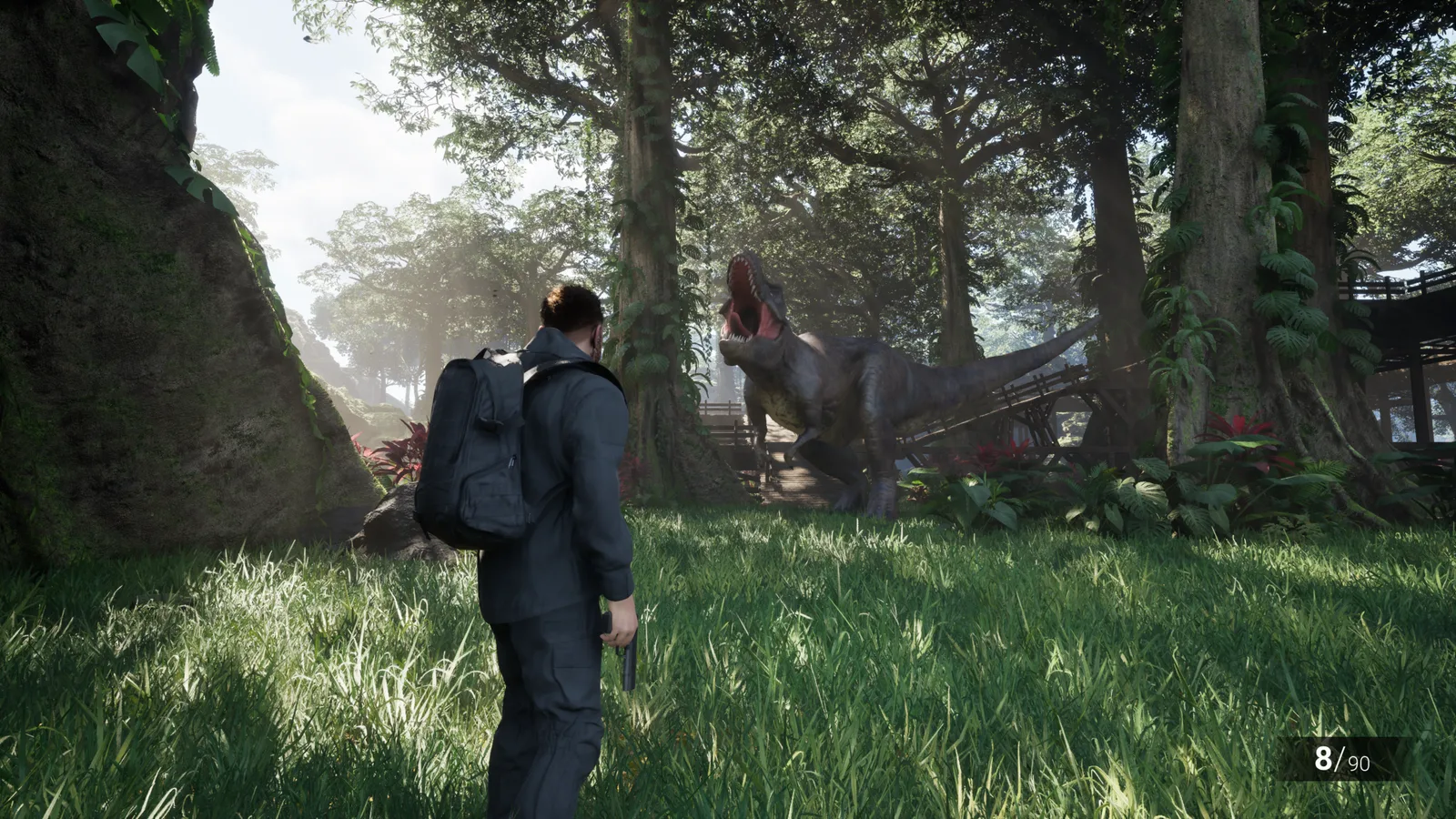 A player faces a roaring Tyrannosaurus rex in a forest area of Clawed